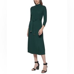 Calvin Klein Forest Green Ribbed Sweater Dress Size XL Mock Neck Tie Waist